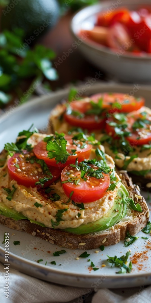Avocado hummus toast topped with tomatoes and herbs on a rustic table Avocado hummus toast topped with tomatoes and herbs on a rustic table