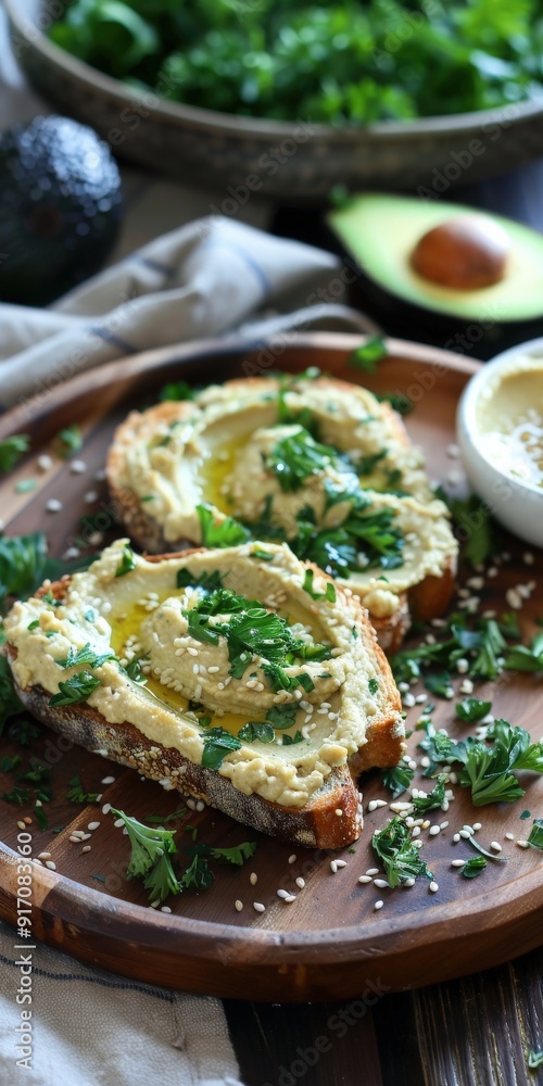 Delicious avocado hummus toast served on rustic wooden plate Delicious avocado hummus toast served on rustic wooden plate