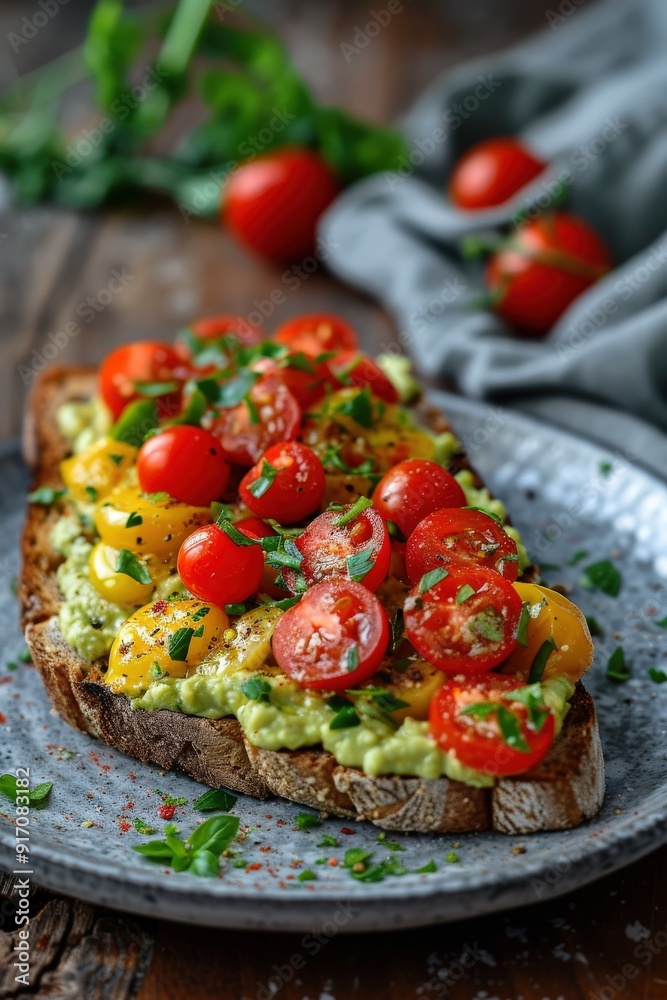 Avocado hummus toast topped with cherry tomatoes and herbs on wood table Avocado hummus toast topped with cherry tomatoes and herbs on wood table