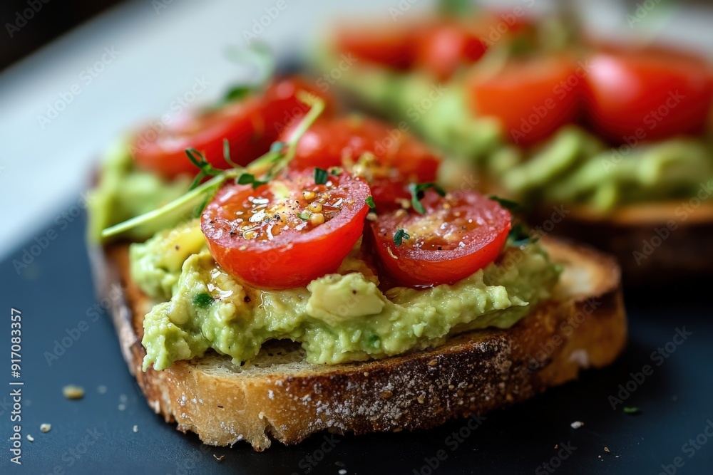 Avocado hummus toast topped with cherry tomatoes and herbs on a table Avocado hummus toast topped with cherry tomatoes and herbs on a table
