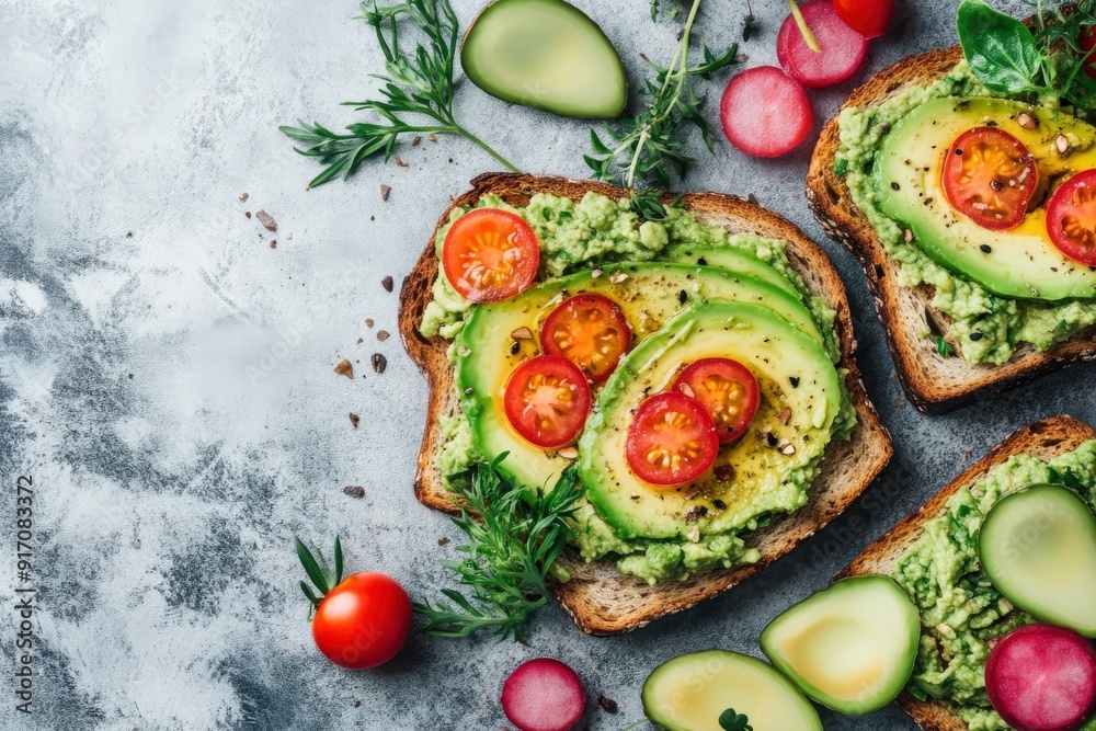 Fresh avocado hummus toast with sliced vegetables on wooden table
