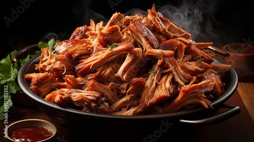 Pulled pork, close-up highlighting the tender textures, front view from above, studio lighting, white background.