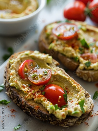 Avocado hummus toast topped with cherry tomatoes on a wooden board