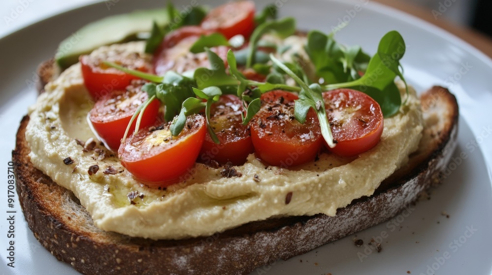 Fresh avocado hummus toast topped with cherry tomatoes and microgreens Fresh avocado hummus toast topped with cherry tomatoes and microgreens