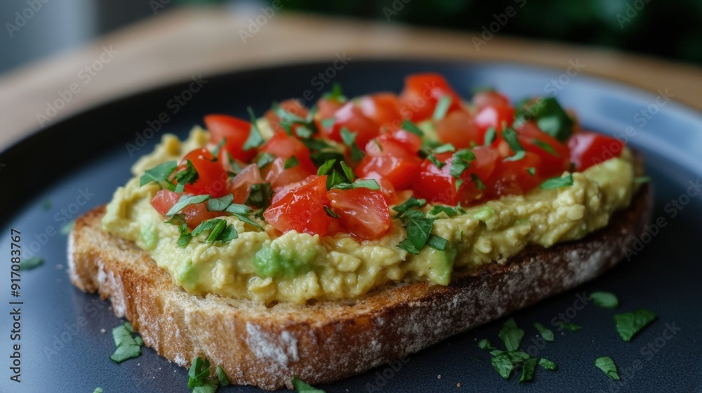 Fresh avocado hummus toast topped with diced tomatoes and herbs Fresh avocado hummus toast topped with diced tomatoes and herbs