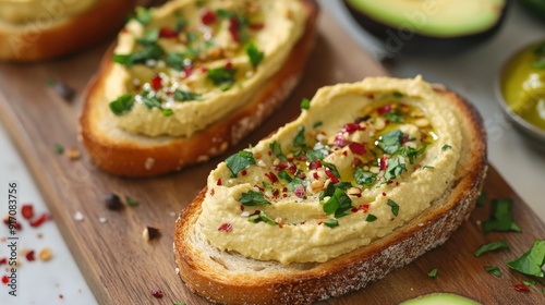 Fototapeta Naklejka Na Ścianę i Meble -  Avocado hummus toast garnished with herbs and spices on wooden board