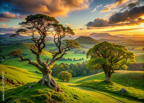 Rolling emerald hills stretch towards the sky, dotted with twisted ancient trees, in the serene, rugged landscape of Scotland's majestic highland countryside at dawn. photo