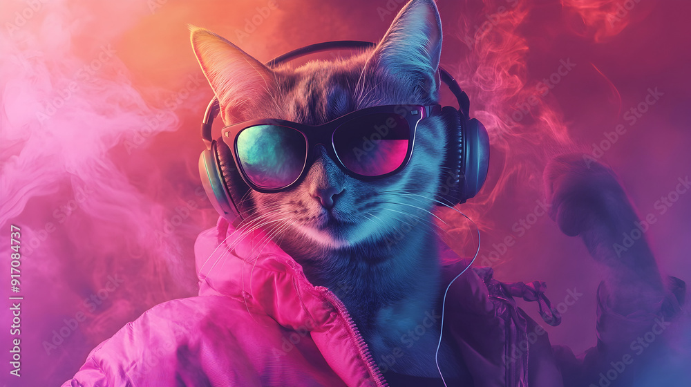 Surreal or fantasy portrait of a cat wearing a pink jacket, sunglasses and headphones with an abstract Surreal or fantasy portrait of a cat wearing a pink jacket, sunglasses and headphones with an abstract