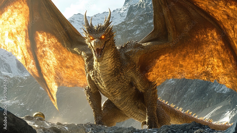 Majestic Dragon Guardian: A Stunning Poster for Sports Interiors Featuring a Terrifying Dragon with Glowing Eyes and Shimmering Scales Overlooking Its Treasure in a Grand Mountain Landscape Majestic Dragon Guardian: A Stunning Poster for Sports Interiors Featuring a Terrifying Dragon with Glowing Eyes and Shimmering Scales Overlooking Its Treasure in a Grand Mountain Landscape