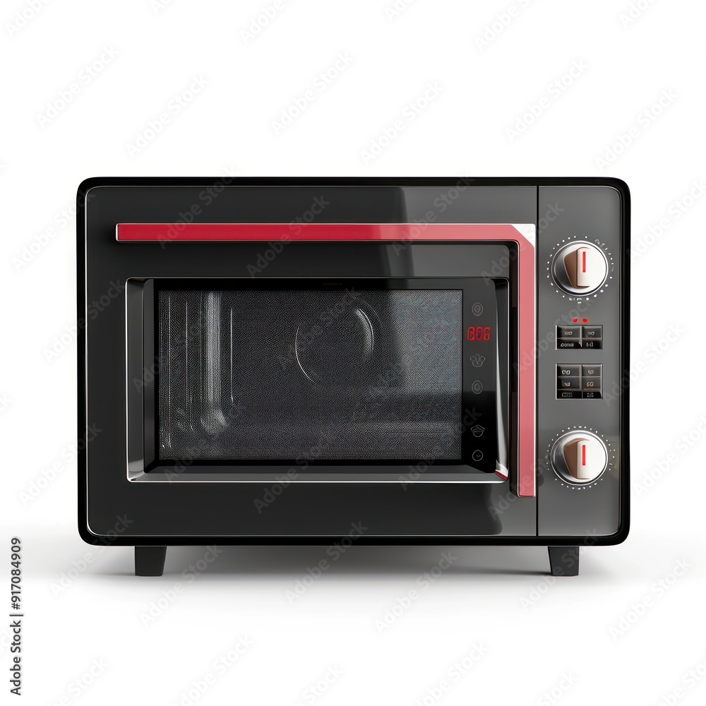 Obraz premium Modern black microwave with red trim on white background.