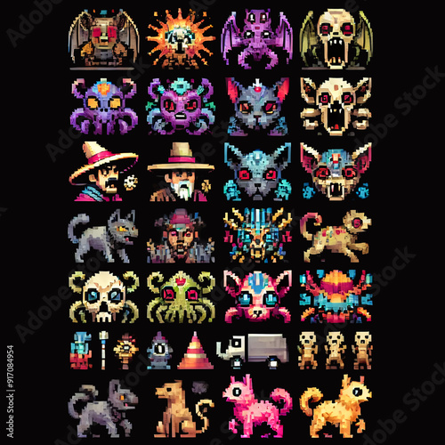 Chupacabra Themed Pixel Art Icons for RPG Sprite Sheet
