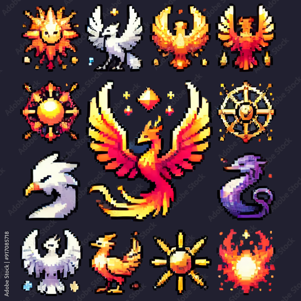 Phoenix Themed Pixel Art Icons for RPG Sprite Sheet Phoenix Themed Pixel Art Icons for RPG Sprite Sheet
