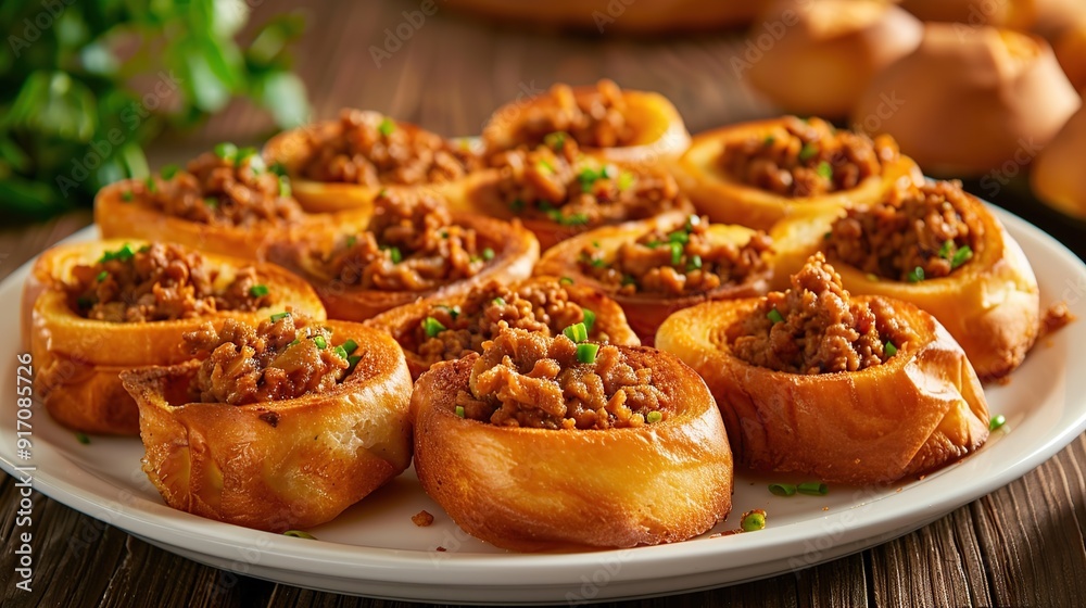 Fried Bread with Minced Pork Spread in a white plate placed on the table Fried Bread with Minced Pork Spread in a white plate placed on the table