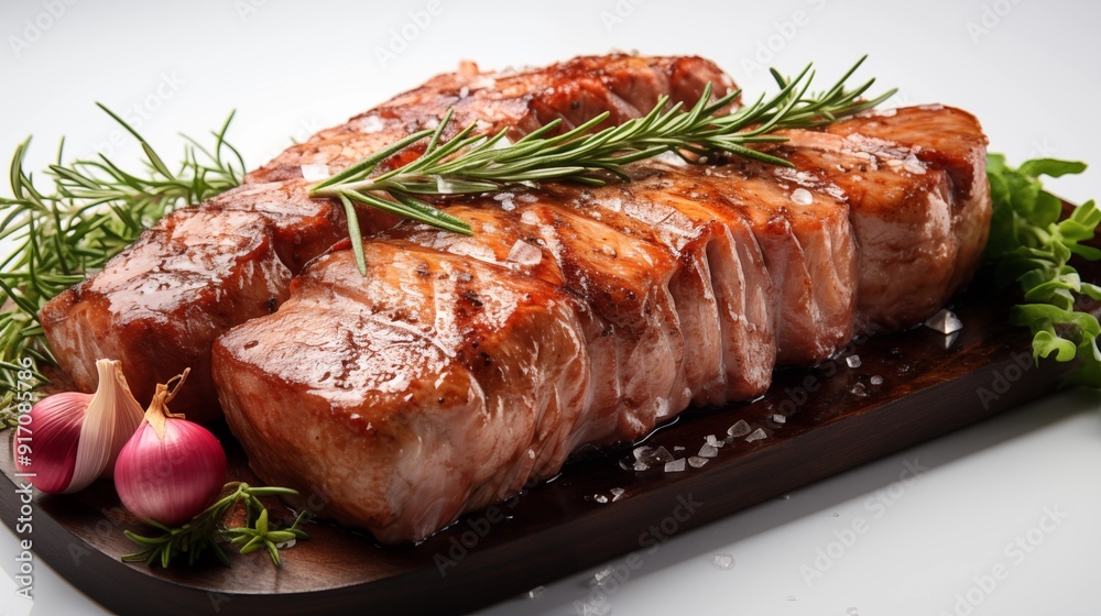 Smothered pork chops, captured in close detail, showcasing the delicious textures, front view from above, studio lighting, white background.