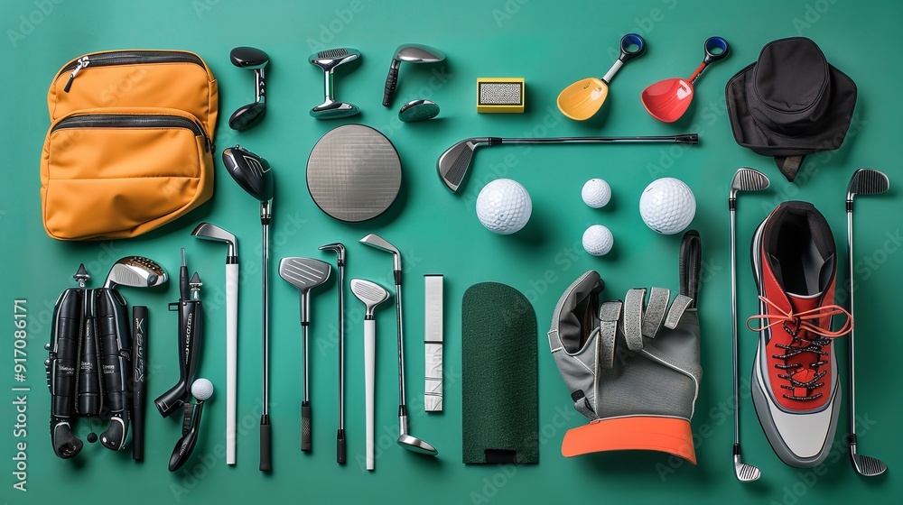 View from above of golf equipment set out in a flat lay. Generative Ai View from above of golf equipment set out in a flat lay. Generative Ai