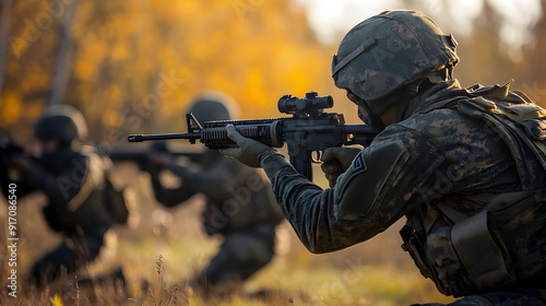 Uniformed soldiers in combat training aiming rifles outdoors