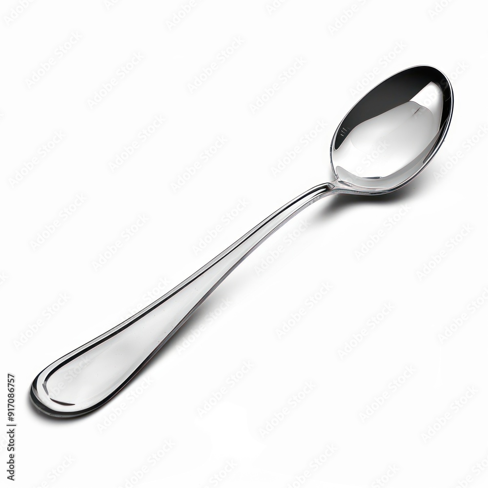 Shiny stainless steel spoon on white background.