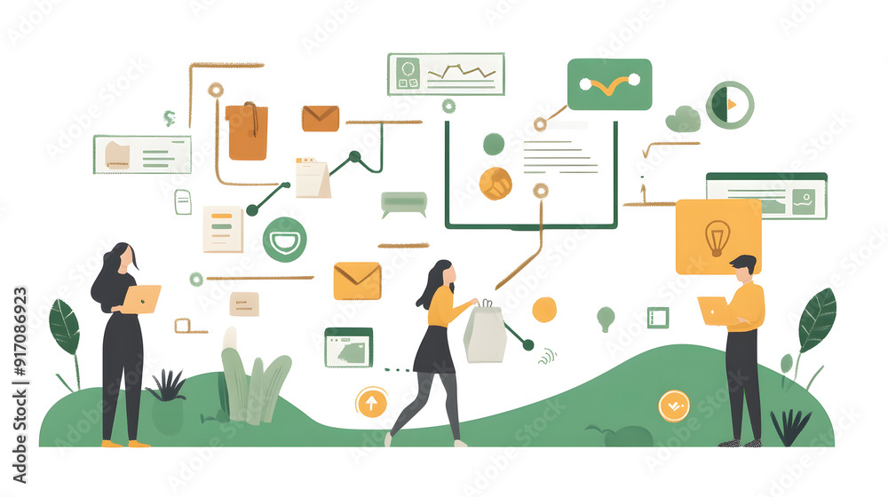 Mapping the user journey, evaluating customer experiences, and utilizing flat design illustrations. Mapping the user journey, evaluating customer experiences, and utilizing flat design illustrations.