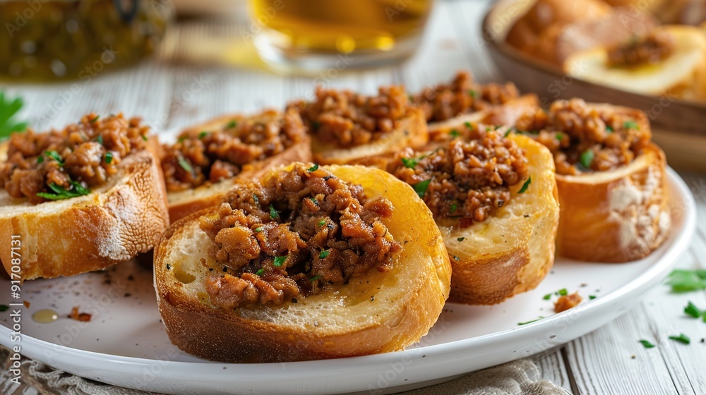 Fried Bread with Minced Pork Spread in a white plate placed on the table Fried Bread with Minced Pork Spread in a white plate placed on the table