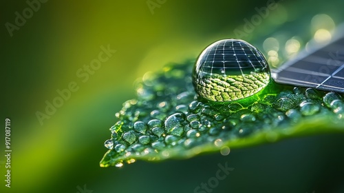 A close-up of dewdrops on fresh green leaves, reflecting the solar panel field within the dewdrops. It demonstrates the close connection between renewable energy and the environment.