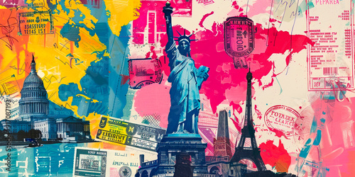 Colorful travel collage featuring iconic landmarks like the Statue of Liberty, the Eiffel Tower, and the Capitol building, with vibrant stamps and ticket motifs