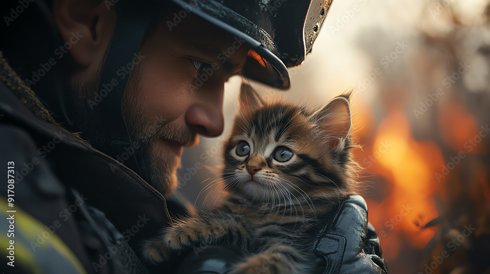 A brave firefighter gently holds a rescued kitten, showcasing the bond between humans and animals in moments of rescue. A brave firefighter gently holds a rescued kitten, showcasing the bond between humans and animals in moments of rescue.