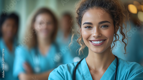 A cheerful healthcare professional smiles confidently in a bright hospital setting, representing compassion and dedication to patient care. photo