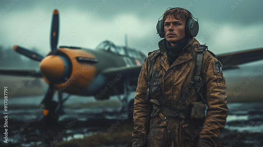 Naklejka premium A determined pilot stands ready near a vintage aircraft, dressed in historical military attire under a dramatic sky.