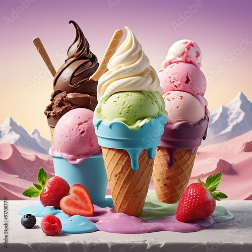 Various of ice cream flavor in cones almond, gourmet flavors of Italian ice cream served, blueberry ice cream with orange ice cream decoration, summer treats design, showcasing ice cream cones