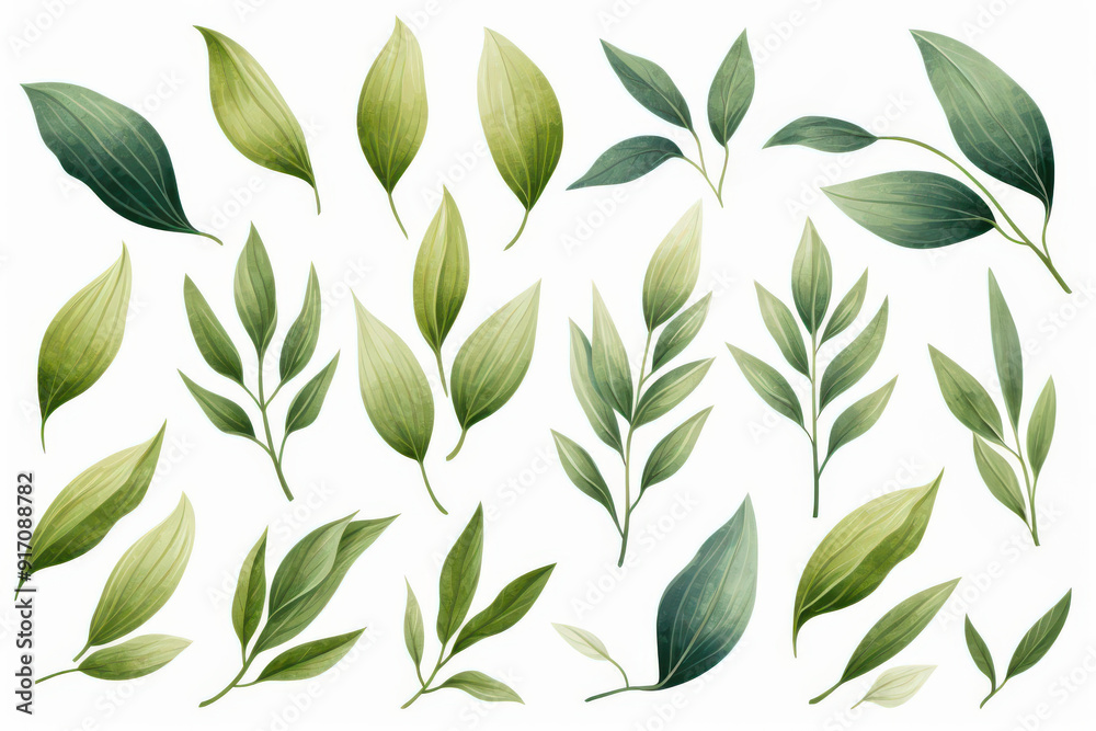 A collection of beautifully illustrated leaves in various green shades, perfect for botanical and natural design projects. A collection of beautifully illustrated leaves in various green shades, perfect for botanical and natural design projects.