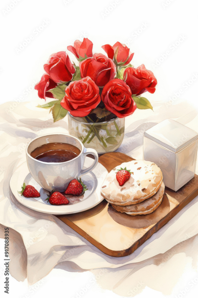 A cozy breakfast scene featuring coffee, cookies, strawberries, and a bouquet of red roses on a soft linen backdrop. A cozy breakfast scene featuring coffee, cookies, strawberries, and a bouquet of red roses on a soft linen backdrop.