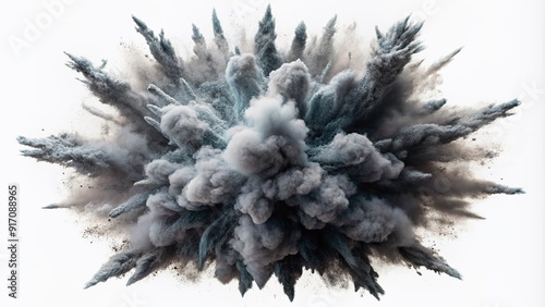 Dramatic dark gray chalk cloud bursts forth in a dynamic explosion of powdery texture, isolated on a clean white background, evoking energy and turmoil. photo