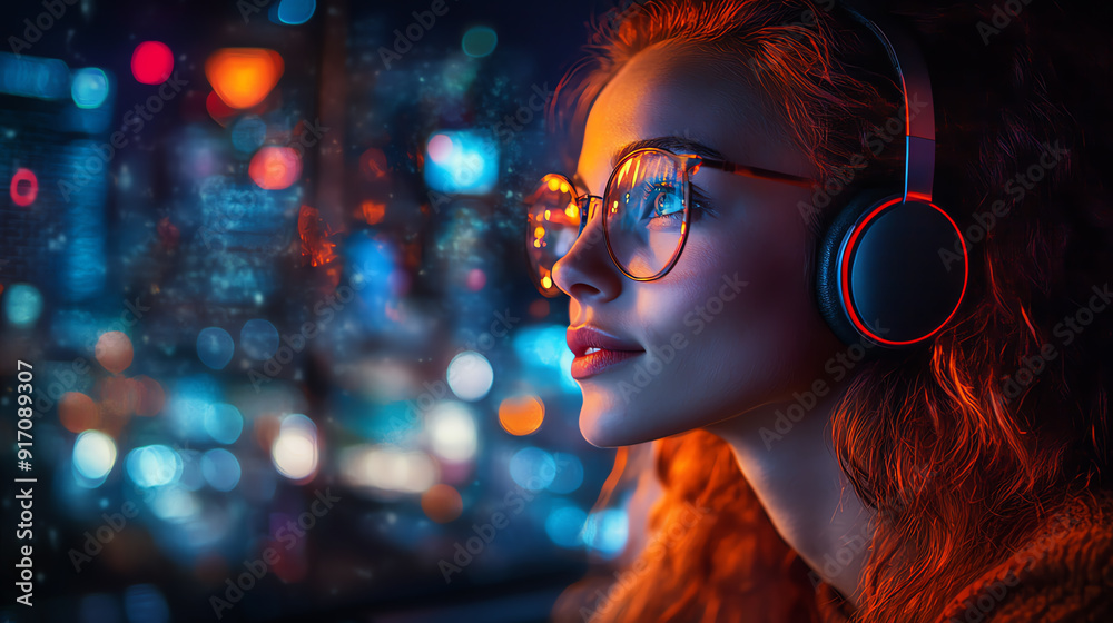 A young woman enjoys music in a vibrant city setting, wearing headphones with colorful lights reflecting her relaxed expression. A young woman enjoys music in a vibrant city setting, wearing headphones with colorful lights reflecting her relaxed expression.