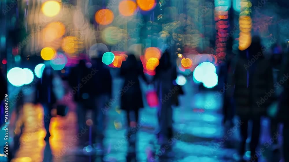 A lively evening unfolds as people wander through illuminated city streets, glowing lights reflecting on rain-soaked pavement A lively evening unfolds as people wander through illuminated city streets, glowing lights reflecting on rain-soaked pavement