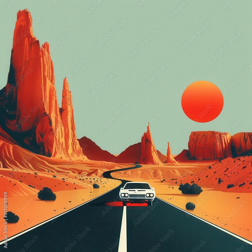 Fototapeta premium A vintage car drives through a vibrant desert landscape, with towering cliffs and a striking sun setting in the background.