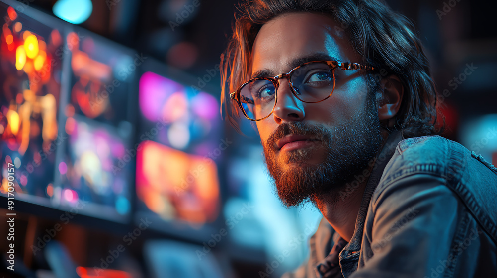 Focused male artist in a creative workspace, illuminated by vibrant screens, showcasing creativity and modern technology. Focused male artist in a creative workspace, illuminated by vibrant screens, showcasing creativity and modern technology.