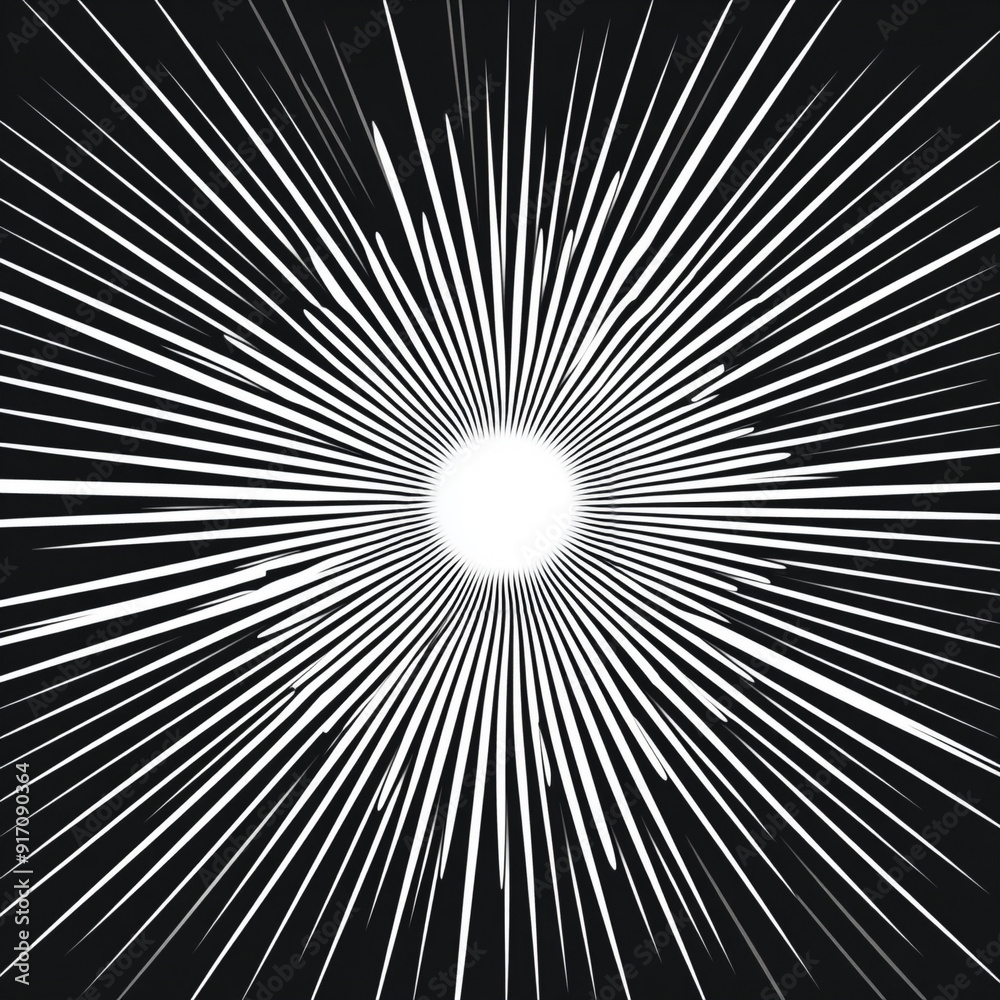 A energetic rays from center black adn white, art A energetic rays from center black adn white, art