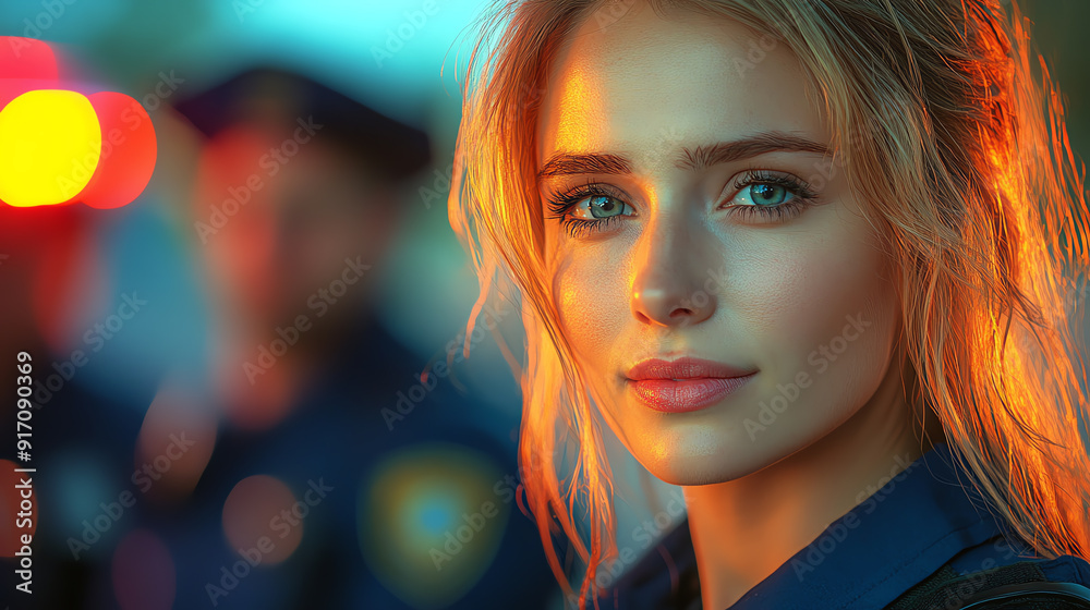 Portrait of a confident female police officer with intense blue eyes, showcasing dedication and strength in law enforcement. Portrait of a confident female police officer with intense blue eyes, showcasing dedication and strength in law enforcement.