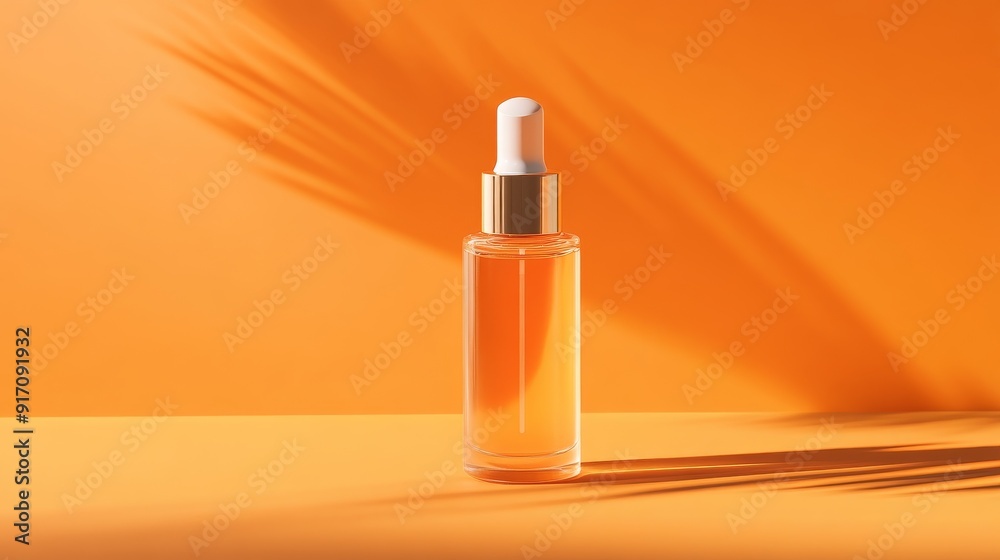 Cosmetic serum bottle with dropper on orange Cosmetic serum bottle with dropper on orange