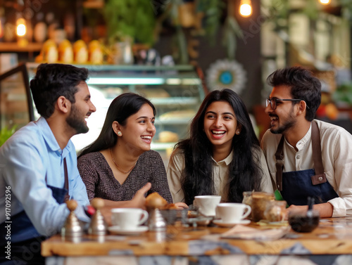 A group of four people are sitting at a table in a restaurant, smiling and laughing. The atmosphere is friendly and relaxed, and the group seems to be enjoying each other's company