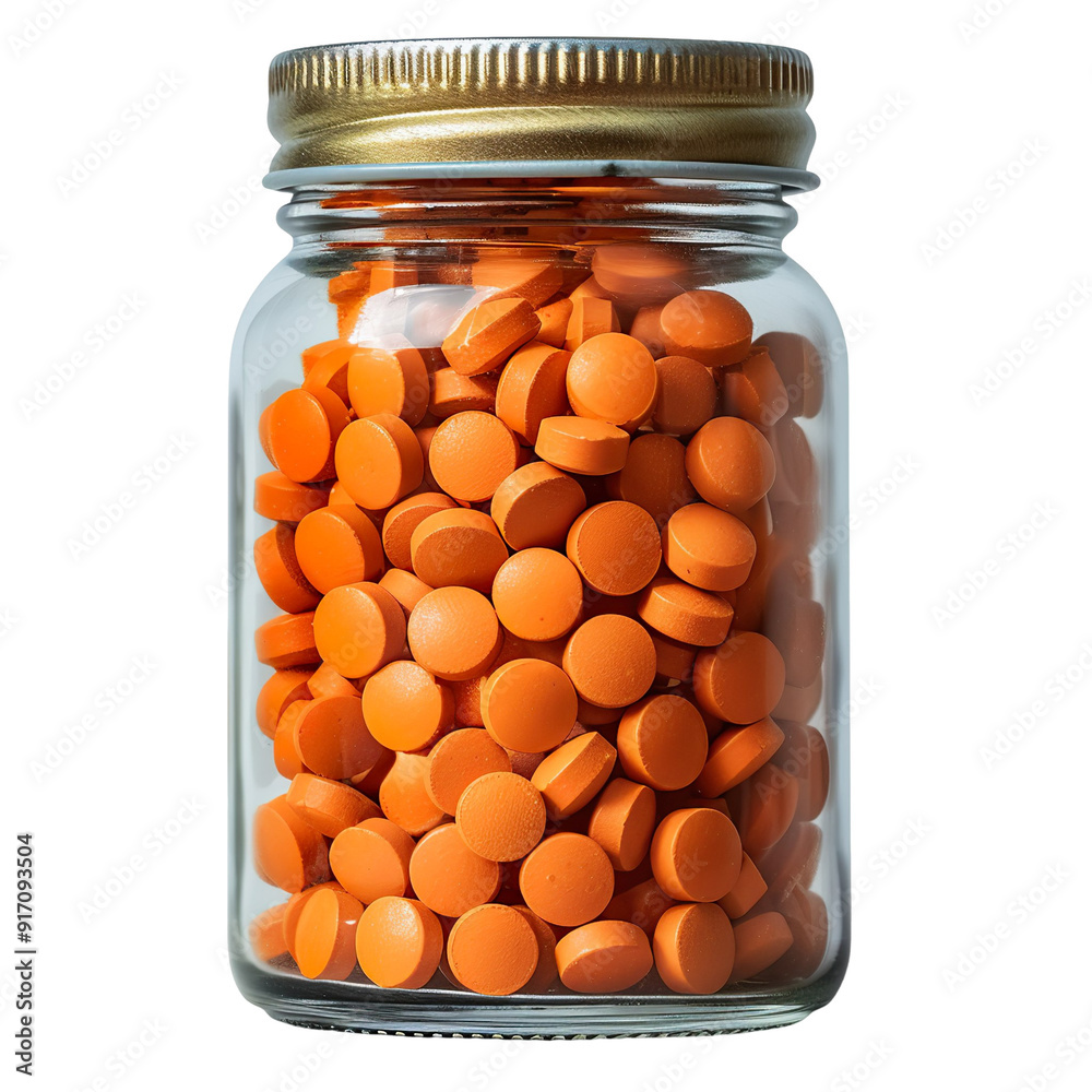 Front view of many orange allergy relief pills in a pill jar isolated on a white transparent background Front view of many orange allergy relief pills in a pill jar isolated on a white transparent background