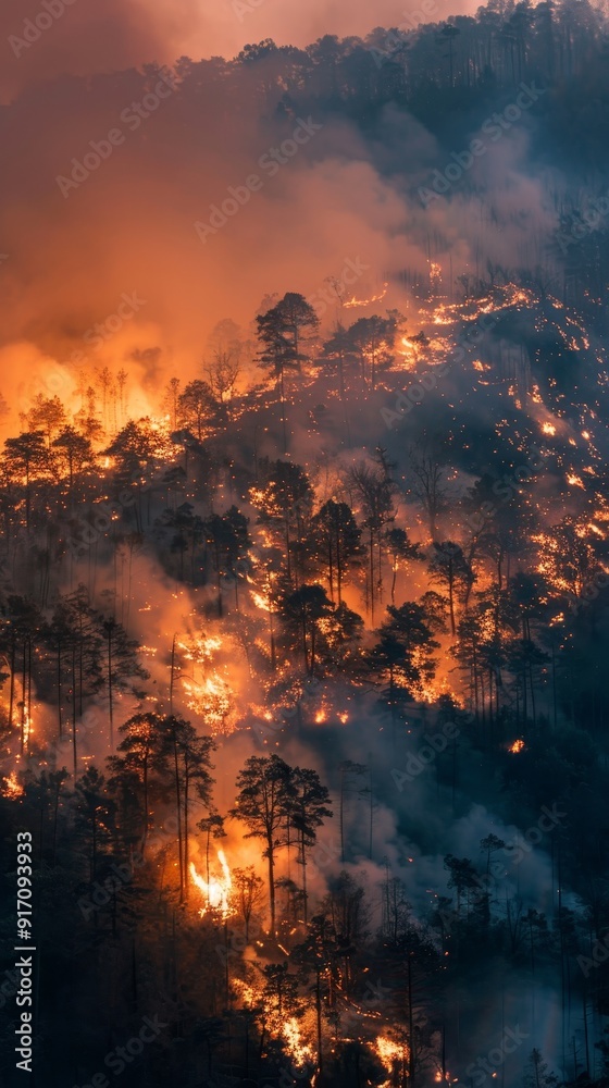 A forest fire is burning in the distance, with smoke A forest fire is burning in the distance, with smoke