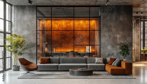 Concrete and Glass Office Interior: Blending Industrial and Modern Design Elements for a Sleek Look, office interior that combines concrete walls with glass partitions,