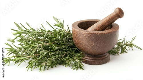 A wooden mortar and pestle beside fresh rosemary sprigs, ideal for cooking and herbal use.