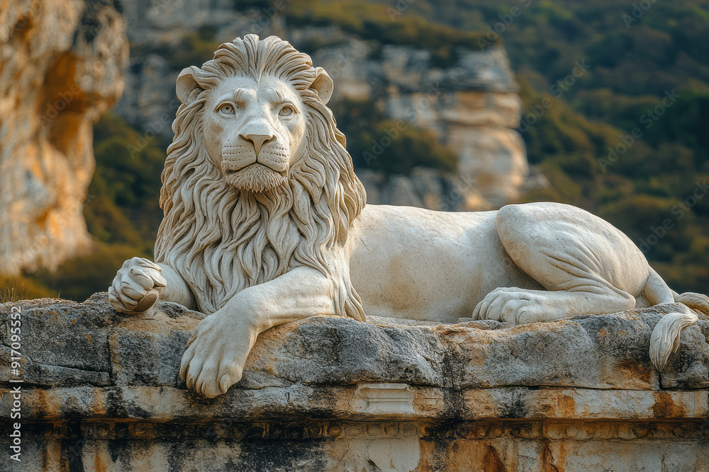 Φωτογραφία A majestic lion statue, carved from the rock, standing proudly at the entrance o