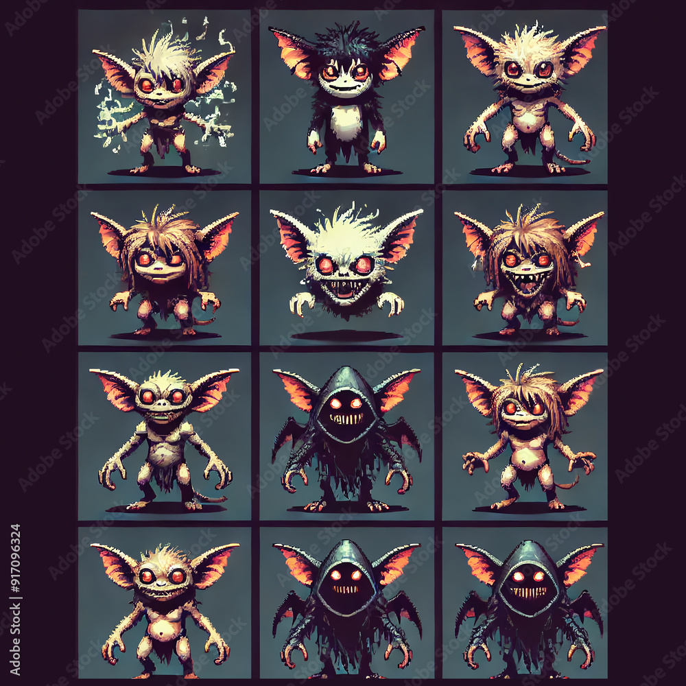 Detailed sprite sheet with RPG pixel art icons Vanishing Gremlin theme Detailed sprite sheet with RPG pixel art icons Vanishing Gremlin theme