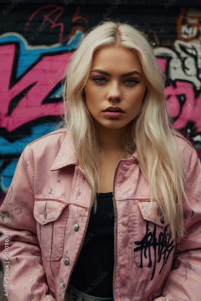 Fototapeta premium A woman in a pink jacket with graffiti on the wall behind her