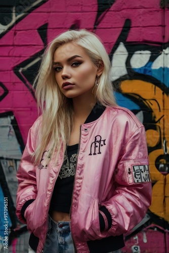 A woman in a pink jacket stands in front of a graffiti wall