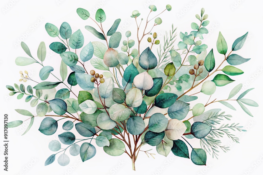 Φωτογραφία Delicate eucalyptus leaves and branches beautifully illustrated in watercolor style, featuring a soft green palette and organic textures in a whimsical floral arrangement
