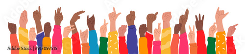 Set of hands in doodle style isolated human arms. Hands raised up demonstrate American sign language alphabet. vector illustration for ASL education poster, card, brochure, canvas, website, books